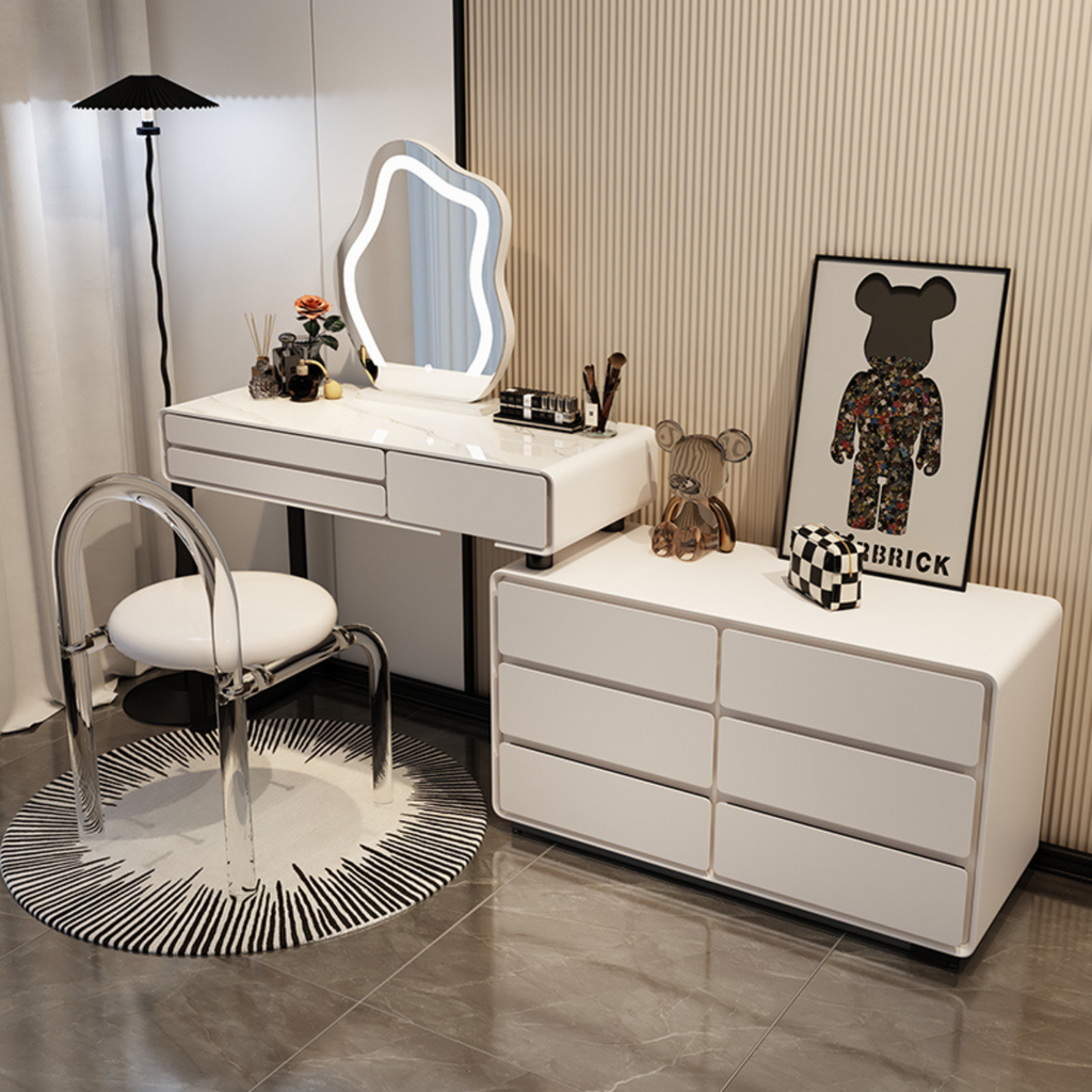 שידת איפור מעוצבת עם יחידת מגירות כולל כסא ומראה דגם לאס וגאס