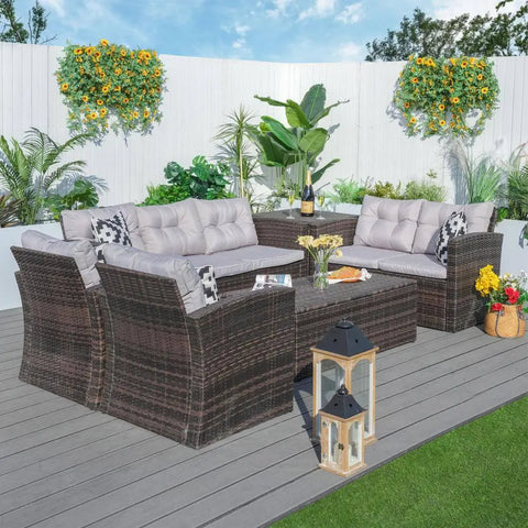 מערכת ישיבה ענקית מראטן איכותי 7 מקומות ישיבה כולל שולחן עם אחסון דגם הוליווד