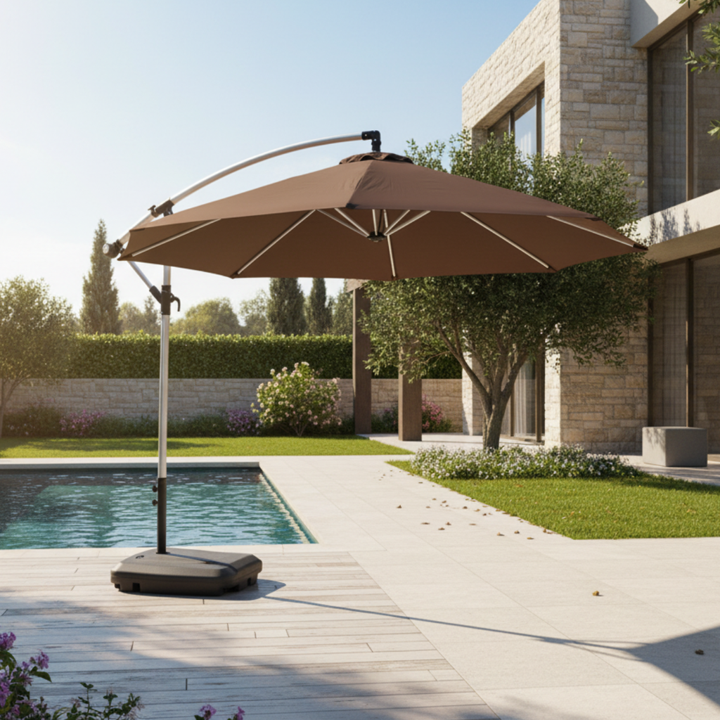 שמשיית צד איכותית ומחוזקת מאלומיניום קוטר 3 מטר לגינה ולמרפסת בצבע קפה - כולל בסיס