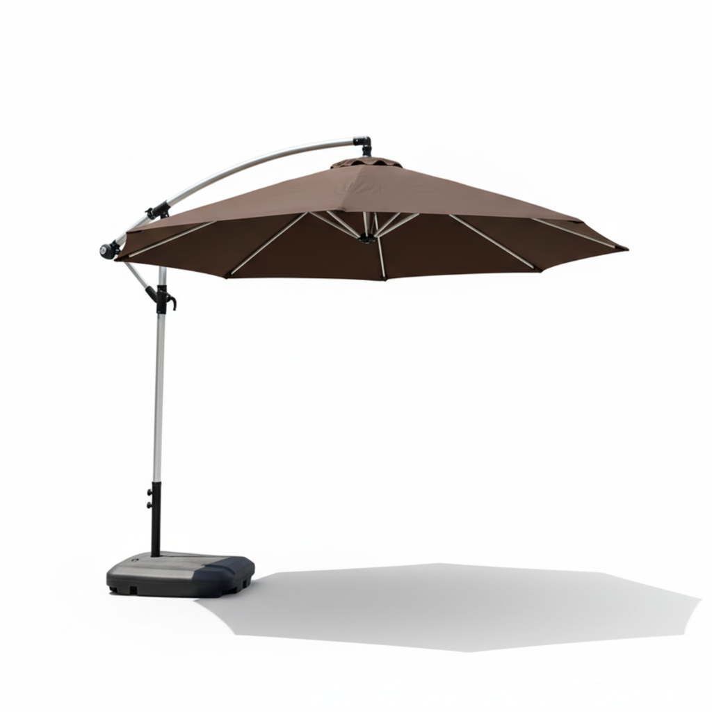 שמשיית צד איכותית ומחוזקת מאלומיניום קוטר 3 מטר לגינה ולמרפסת בצבע קפה - כולל בסיס