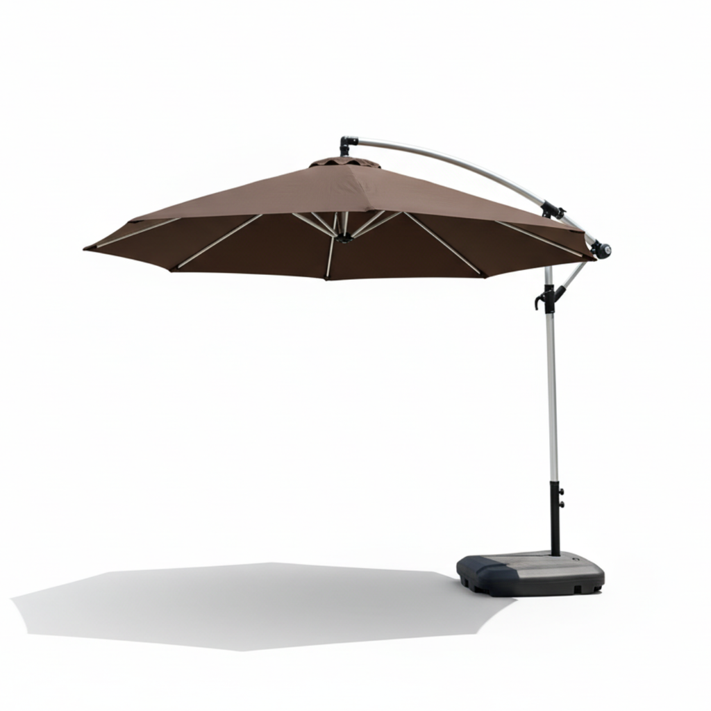 שמשיית צד איכותית ומחוזקת מאלומיניום קוטר 3 מטר לגינה ולמרפסת בצבע קפה - כולל בסיס