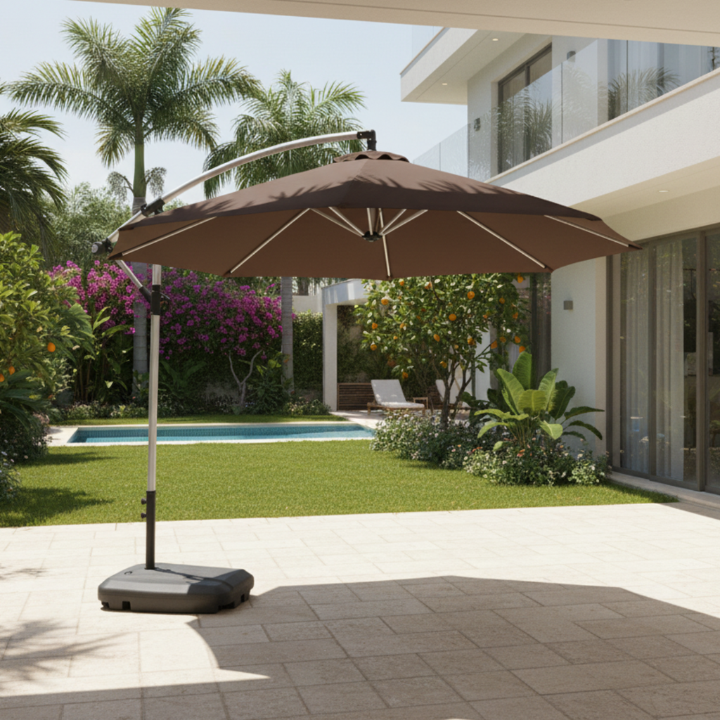 שמשיית צד איכותית ומחוזקת מאלומיניום קוטר 3 מטר לגינה ולמרפסת בצבע קפה - כולל בסיס