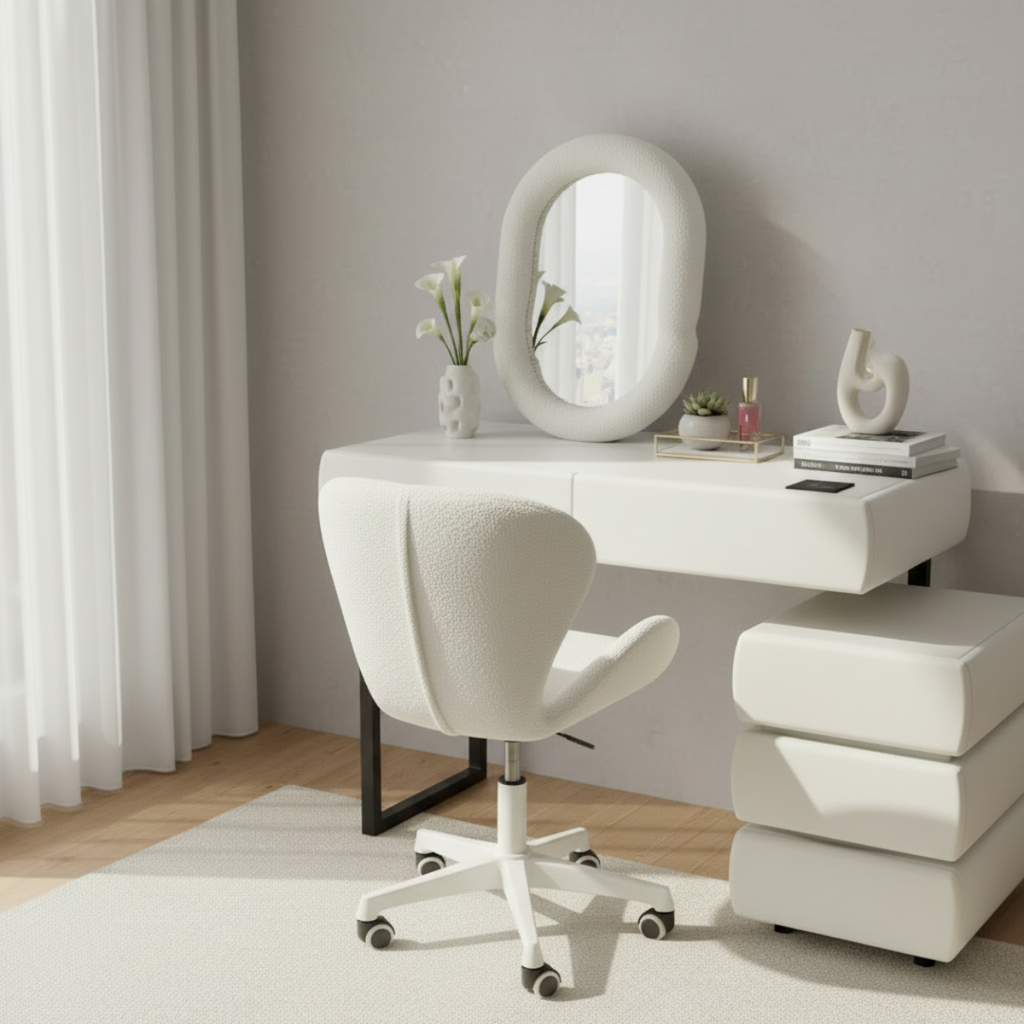 שידת איפור בעיצוב ייחודי עם שידת צד כולל כסא ומראה דגם לונדון