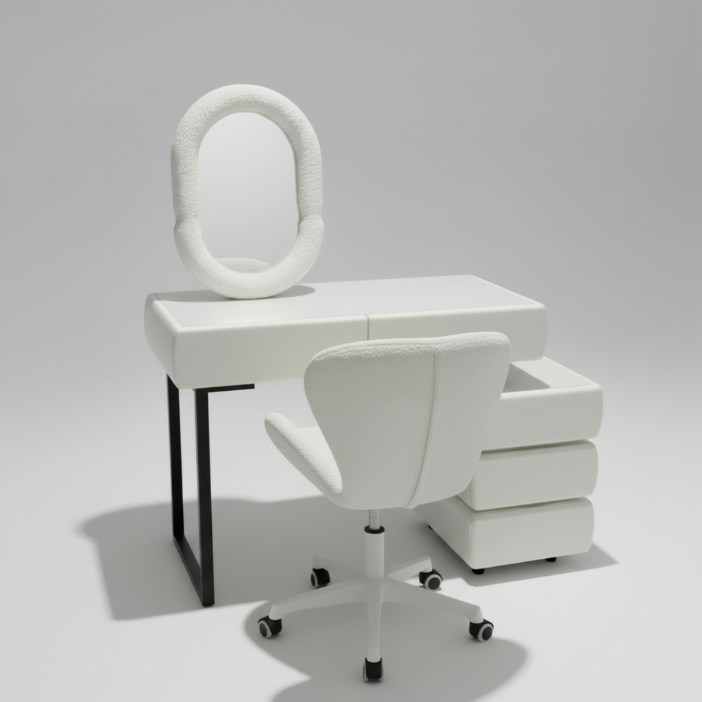 שידת איפור בעיצוב ייחודי עם שידת צד כולל כסא ומראה דגם לונדון