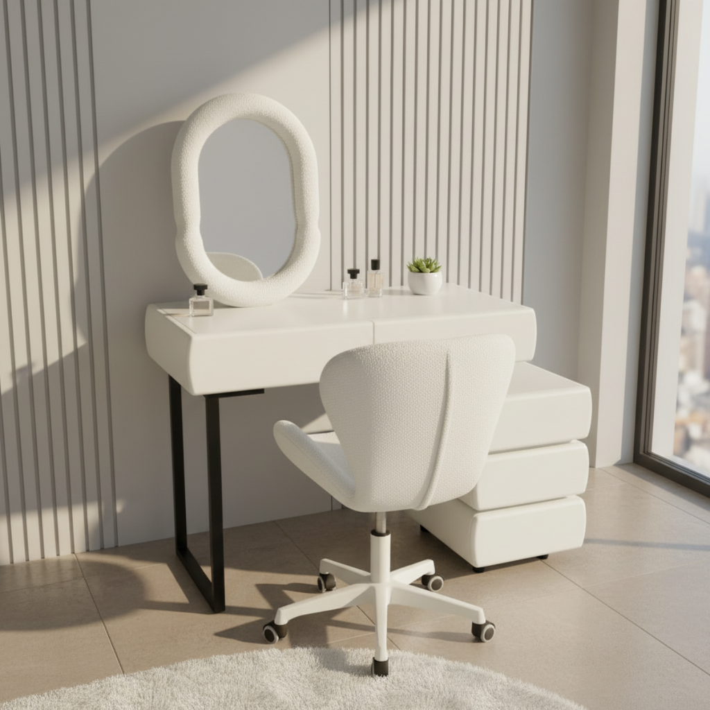 שידת איפור בעיצוב ייחודי עם שידת צד כולל כסא ומראה דגם לונדון