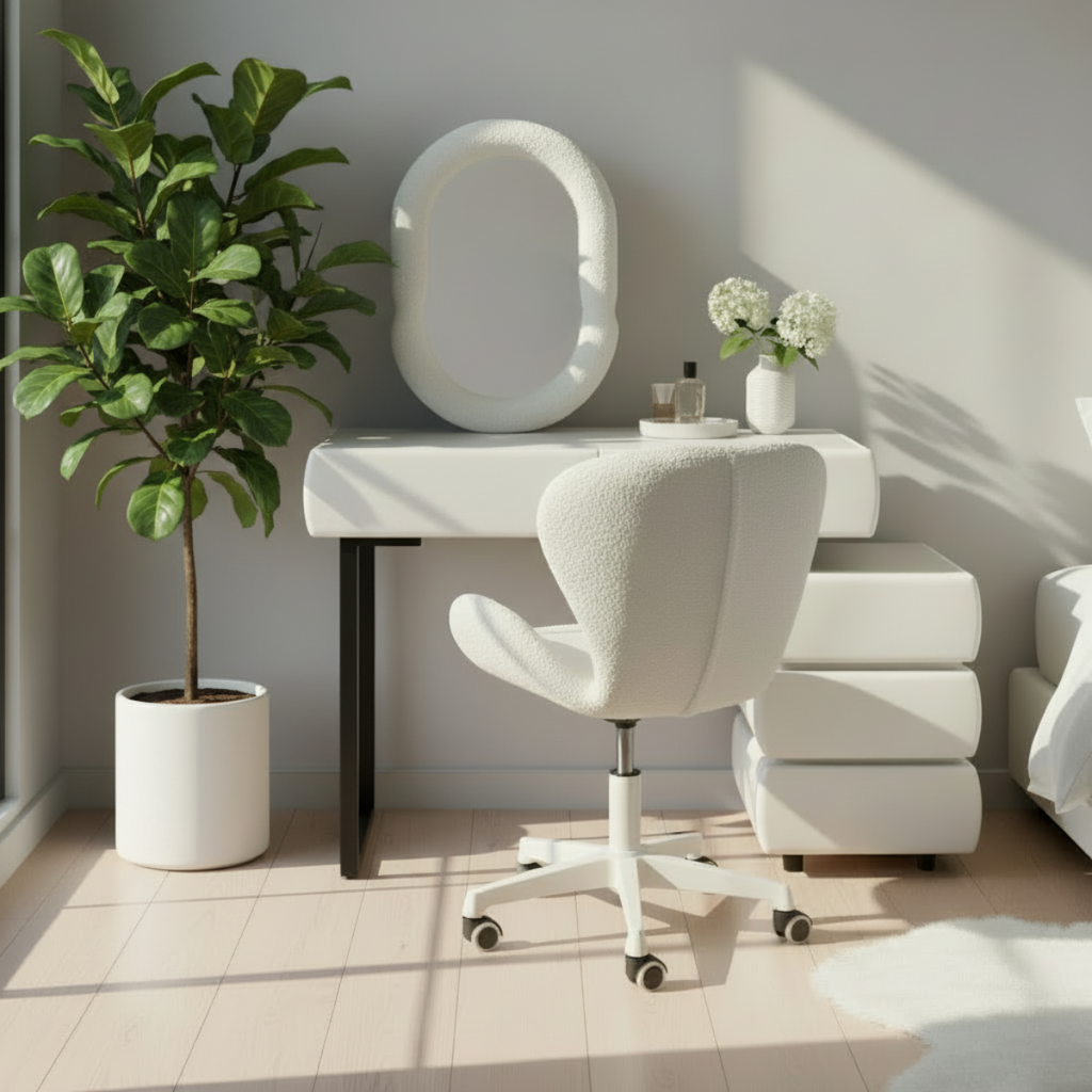 שידת איפור בעיצוב ייחודי עם שידת צד כולל כסא ומראה דגם לונדון