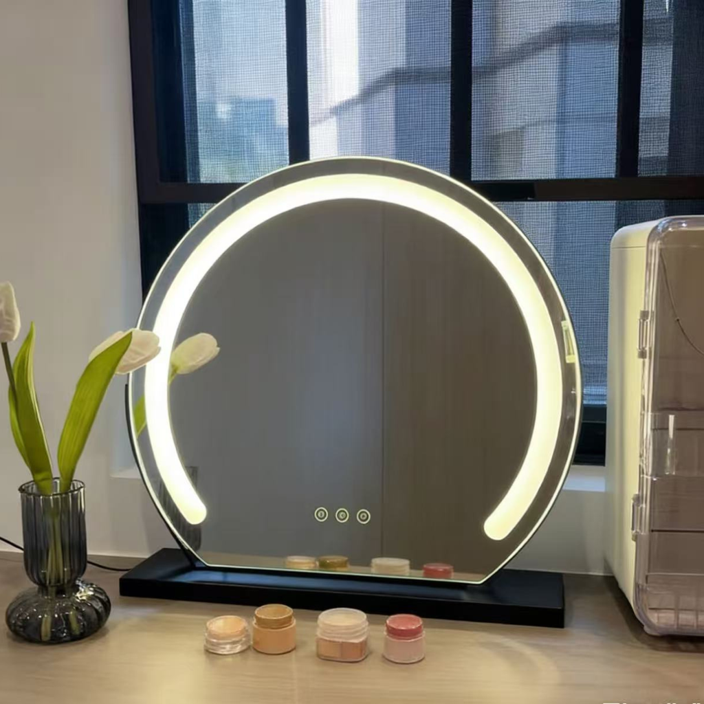 מראת איפור שולחנית עגולה עם תאורת לד חכמה בצבע שחור\לבן