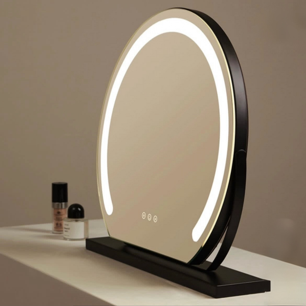 מראת איפור שולחנית עגולה עם תאורת לד חכמה בצבע שחור\לבן