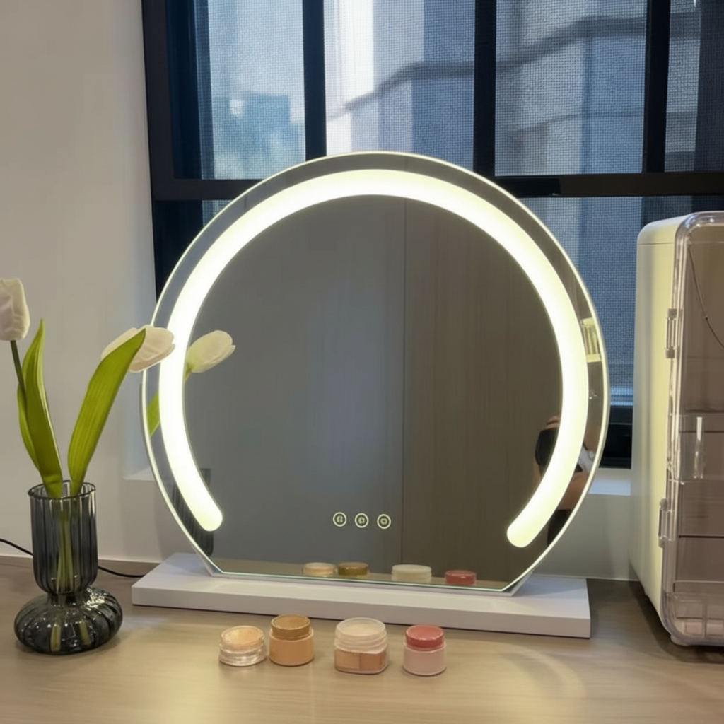 מראת איפור שולחנית עגולה עם תאורת לד חכמה בצבע שחור\לבן