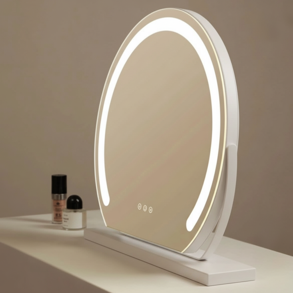 מראת איפור שולחנית עגולה עם תאורת לד חכמה בצבע שחור\לבן