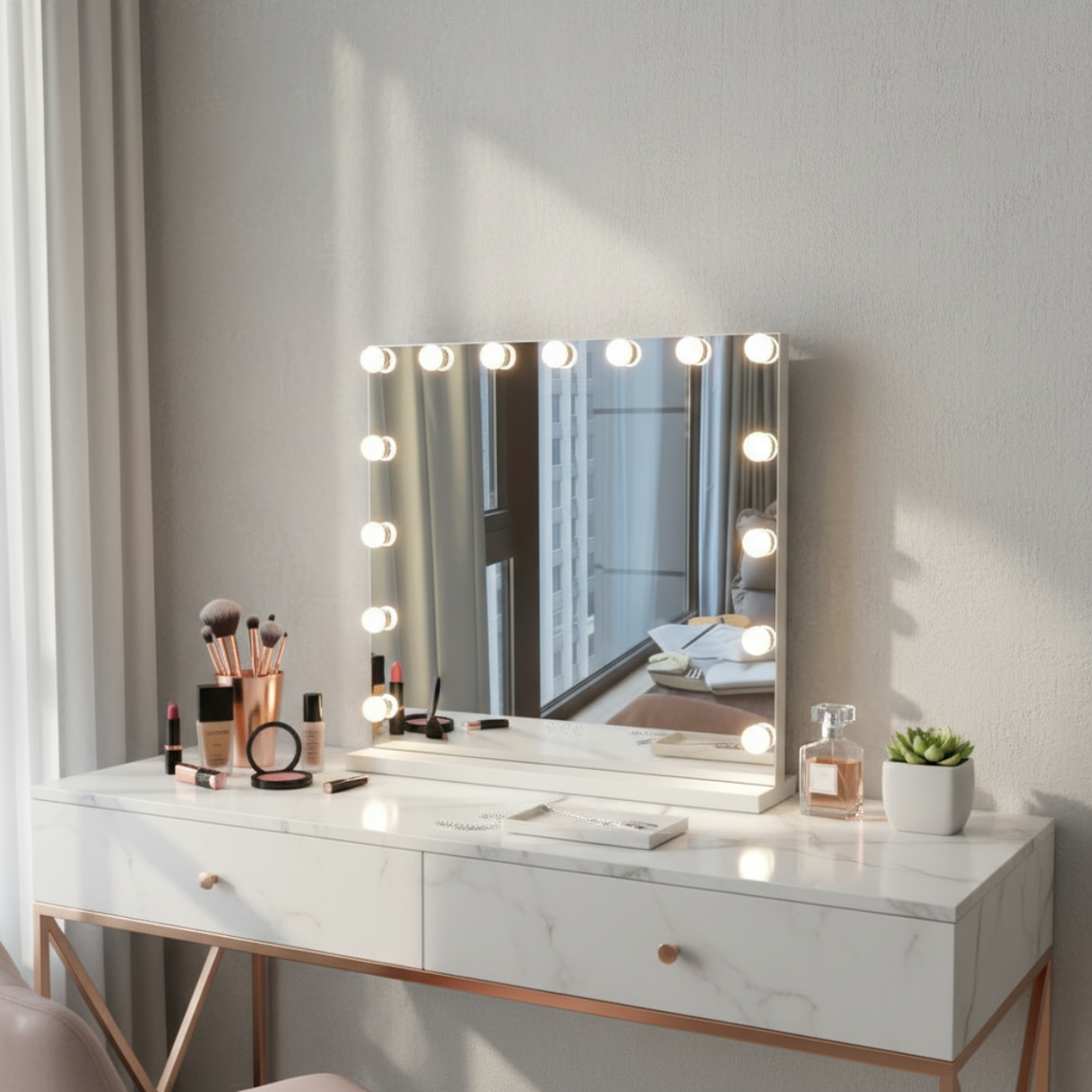 מראת הוליווד יוקרתית עם תאורה לשידת איפור במגוון צבעים 60*45