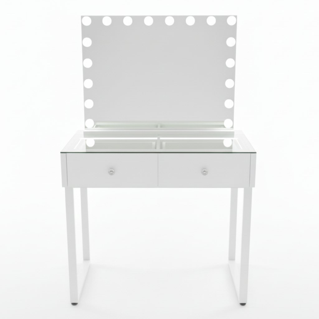 שידת איפור מקצועית בצבע לבן כולל מראת הוליווד דגם מדריד