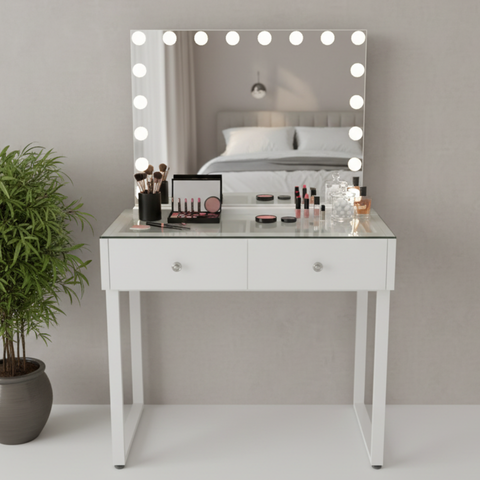 שידת איפור מקצועית בצבע לבן כולל מראת הוליווד דגם מדריד