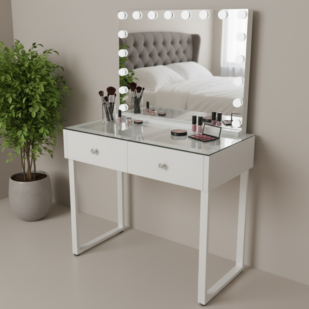 שידת איפור מקצועית בצבע לבן כולל מראת הוליווד דגם מדריד