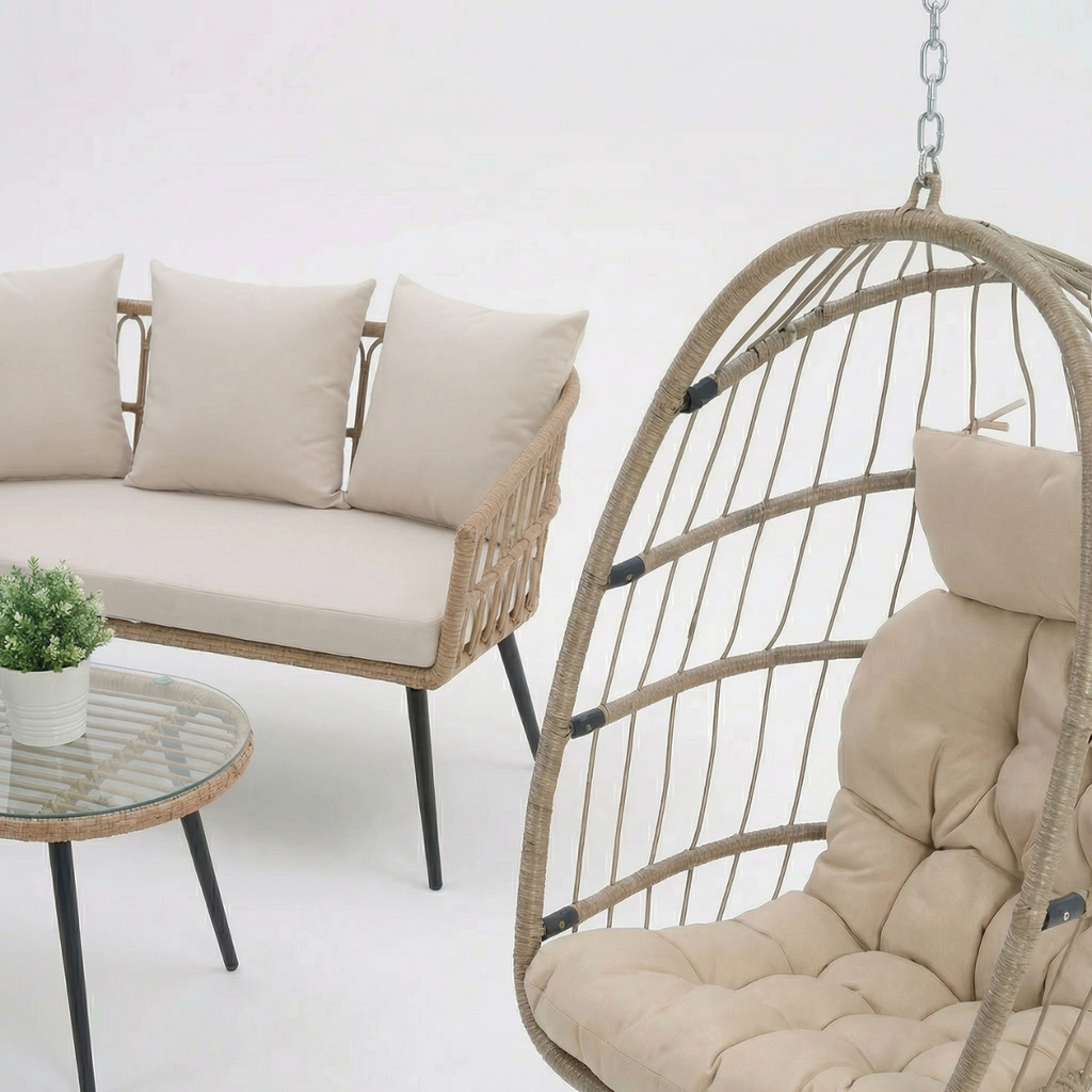 באנדל פינת ישיבה למרפסת ראטן דגם מלדיביים ו - ערסל נדנדה ראטן דגם הוואי