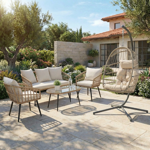 באנדל פינת ישיבה למרפסת ראטן דגם מלדיביים ו - ערסל נדנדה ראטן דגם הוואי