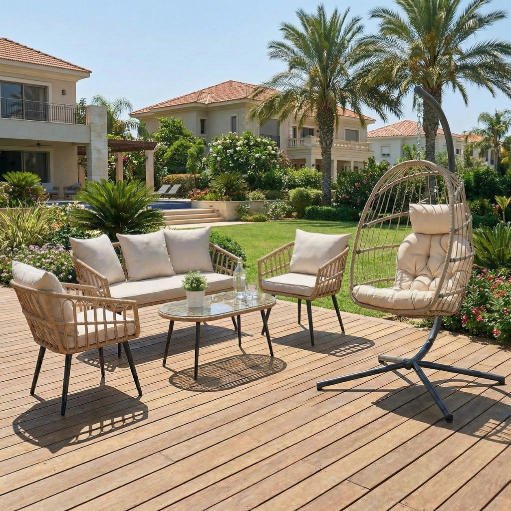 באנדל פינת ישיבה למרפסת ראטן דגם מלדיביים ו - ערסל נדנדה ראטן דגם הוואי