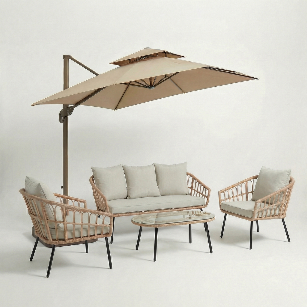 באנדל פינת ישיבה מראטן דגם "מלדיביים" + שמשיית צד איכותית ומאסיבית מאלומיניום דגם "סידני" כולל בסיס