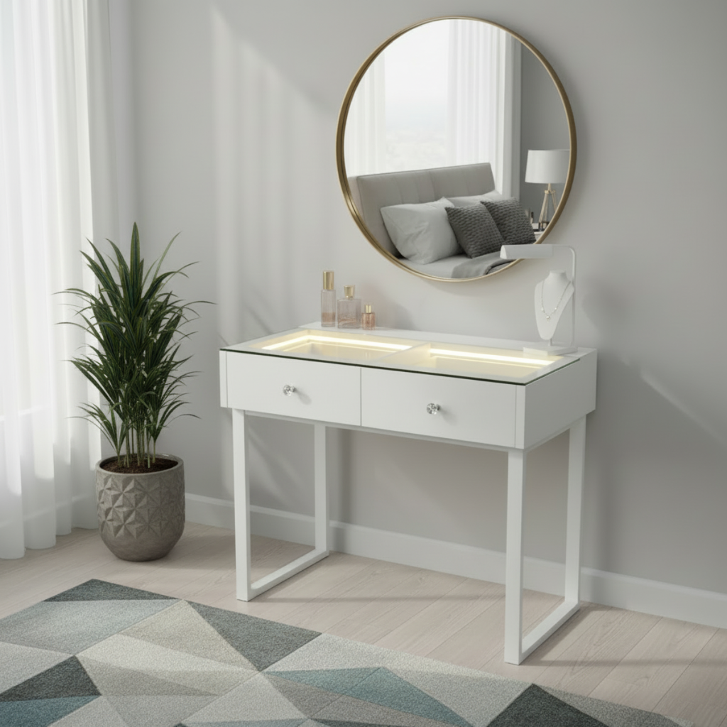 שידת איפור מקצועית בצבע לבן כולל מראת הוליווד דגם מדריד