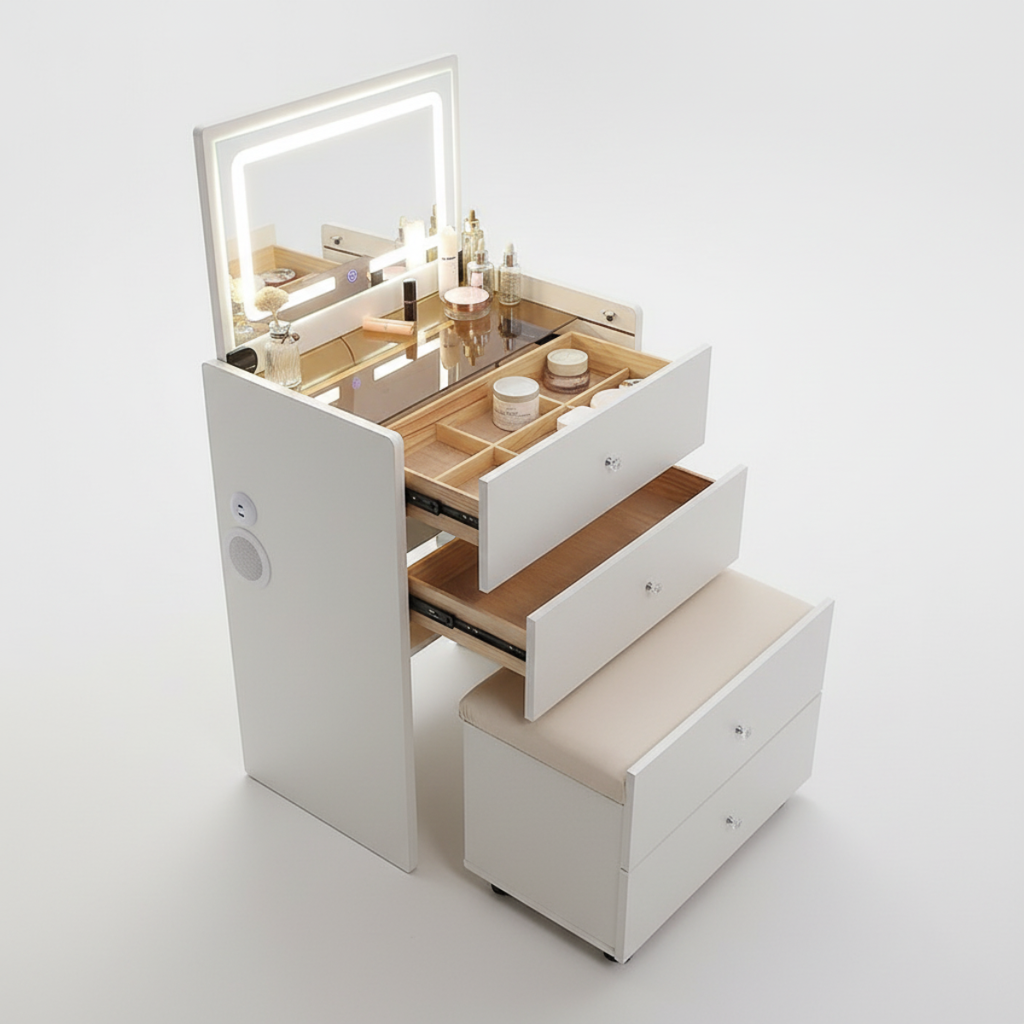 שידת איפור חכמה עם בלוטוס כולל מגירות , כסא נשלף ומראת לד דגם איטליה