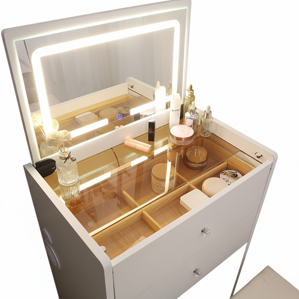 שידת איפור חכמה עם בלוטוס כולל מגירות , כסא נשלף ומראת לד דגם איטליה