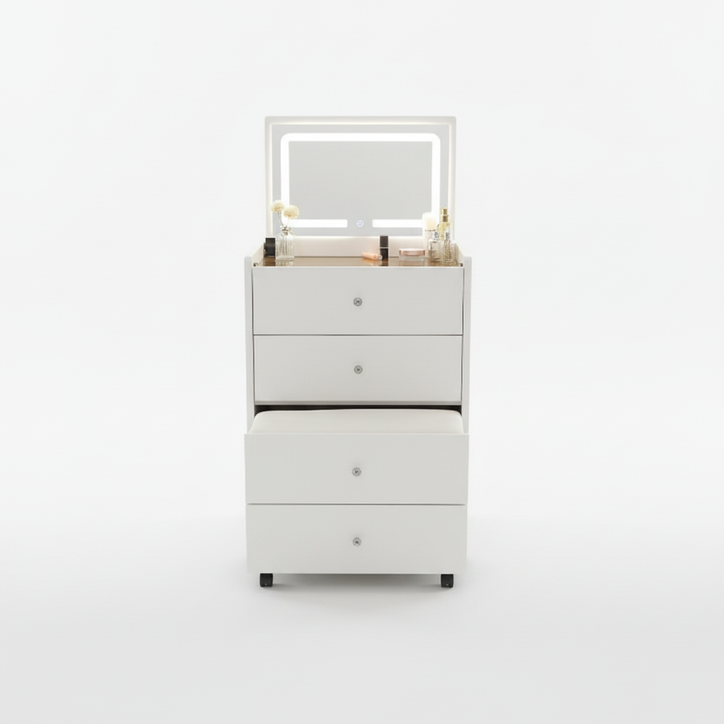 שידת איפור חכמה עם בלוטוס כולל מגירות , כסא נשלף ומראת לד דגם איטליה