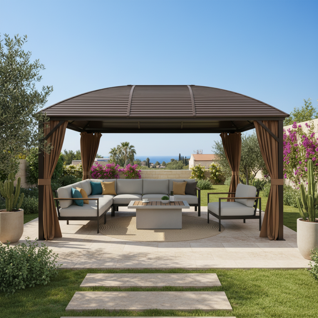 גזיבו פרגולה מפואר ומאסיבי מאלומיניום עם גג מגולוון