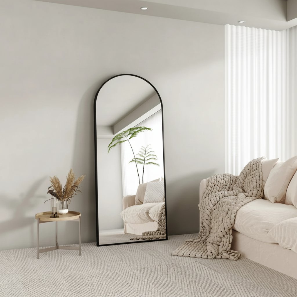 מראת גוף גדולה עם מסגרת שחורה נתלית ועומדת 65*170