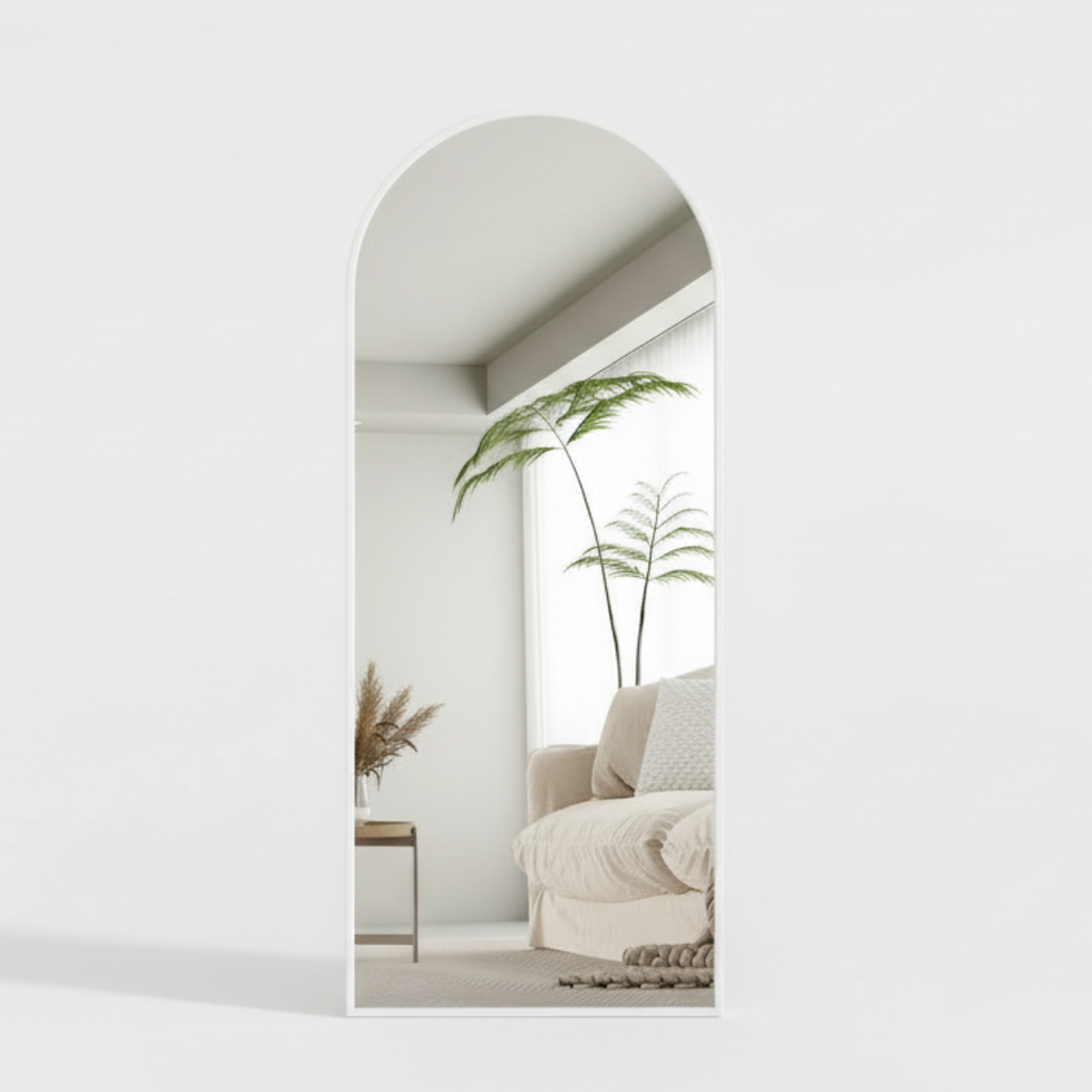 מראת גוף גדולה עם מסגרת לבנה נתלית ועומדת 65*170