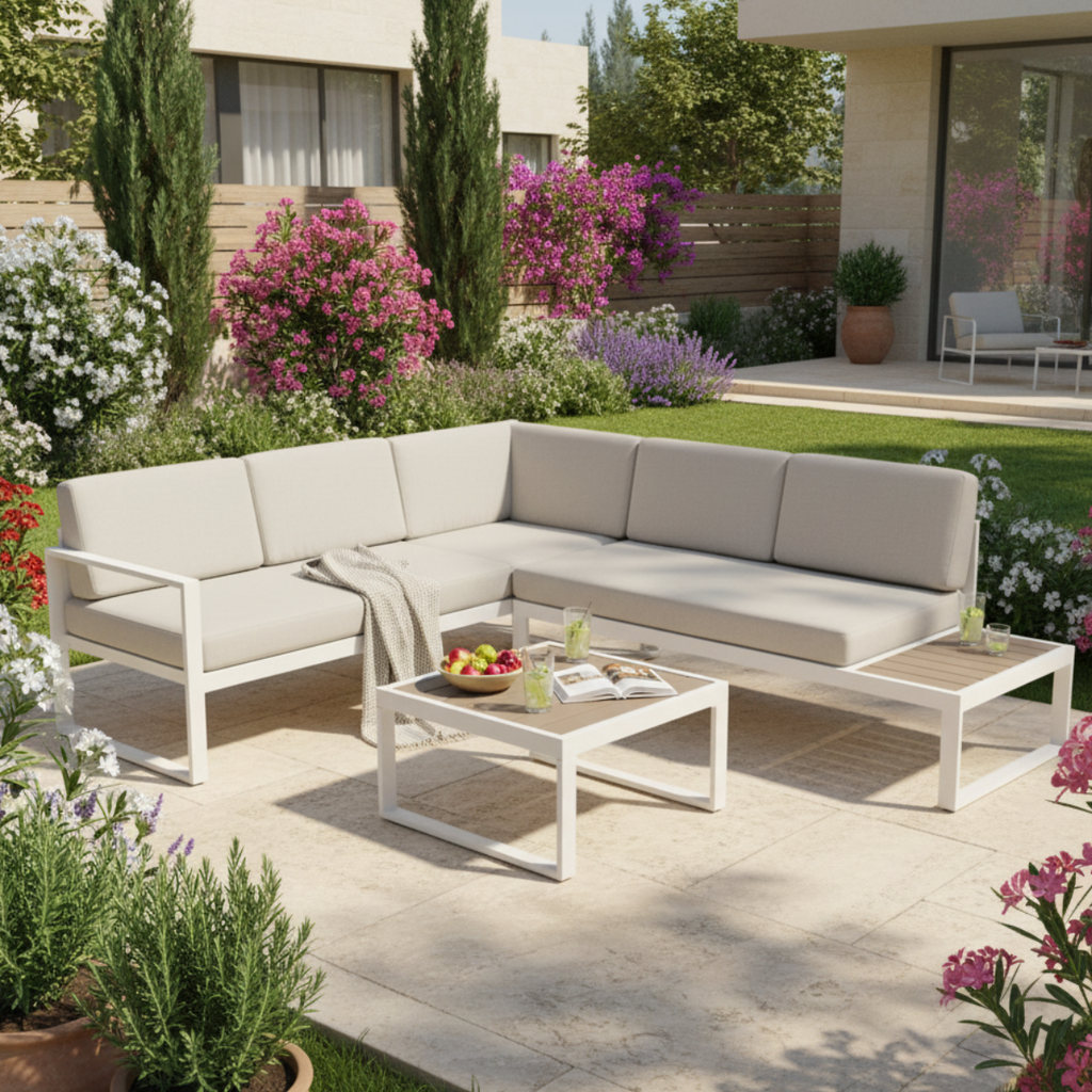 מערכת ישיבה פינתית מאלומיניום בצבע לבן דגם מיאמי