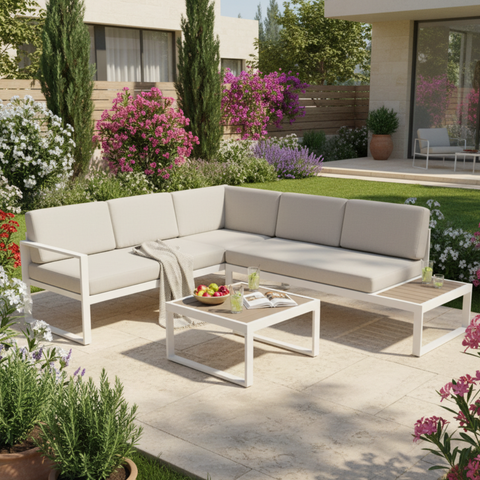 מערכת ישיבה פינתית מאלומיניום בצבע לבן דגם מיאמי