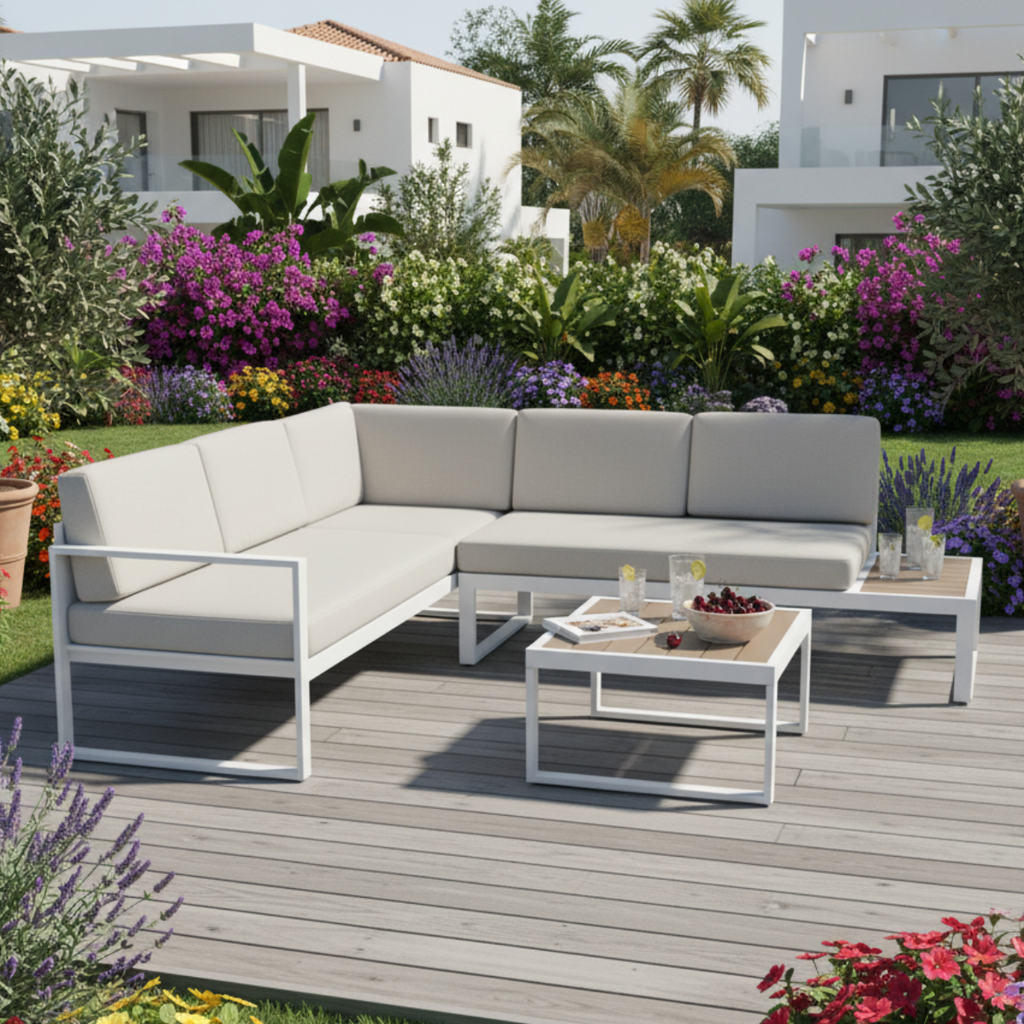 מערכת ישיבה פינתית מאלומיניום בצבע לבן דגם מיאמי