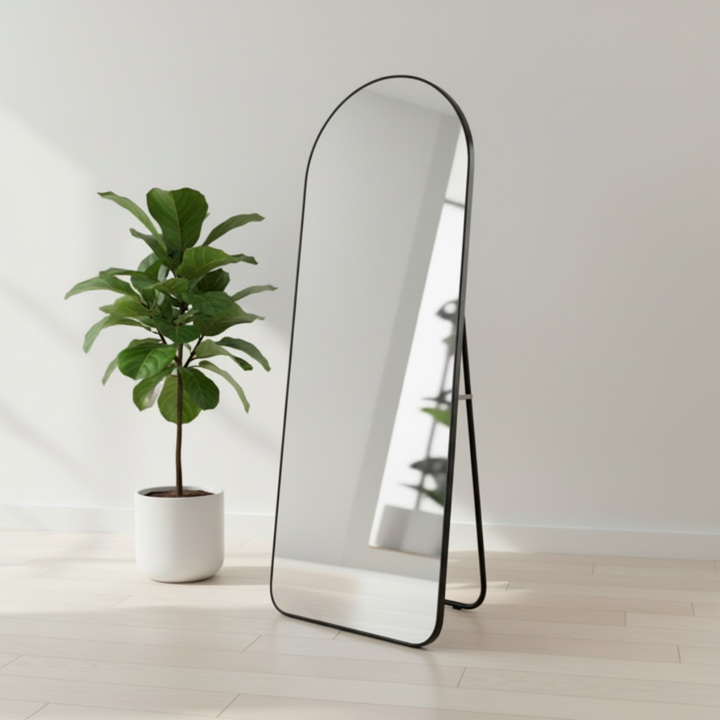 מראת גוף גדולה עם מסגרת שחורה נתלית ועומדת 65*170