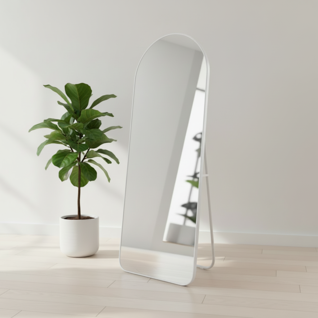 מראת גוף גדולה עם מסגרת לבנה נתלית ועומדת 65*170