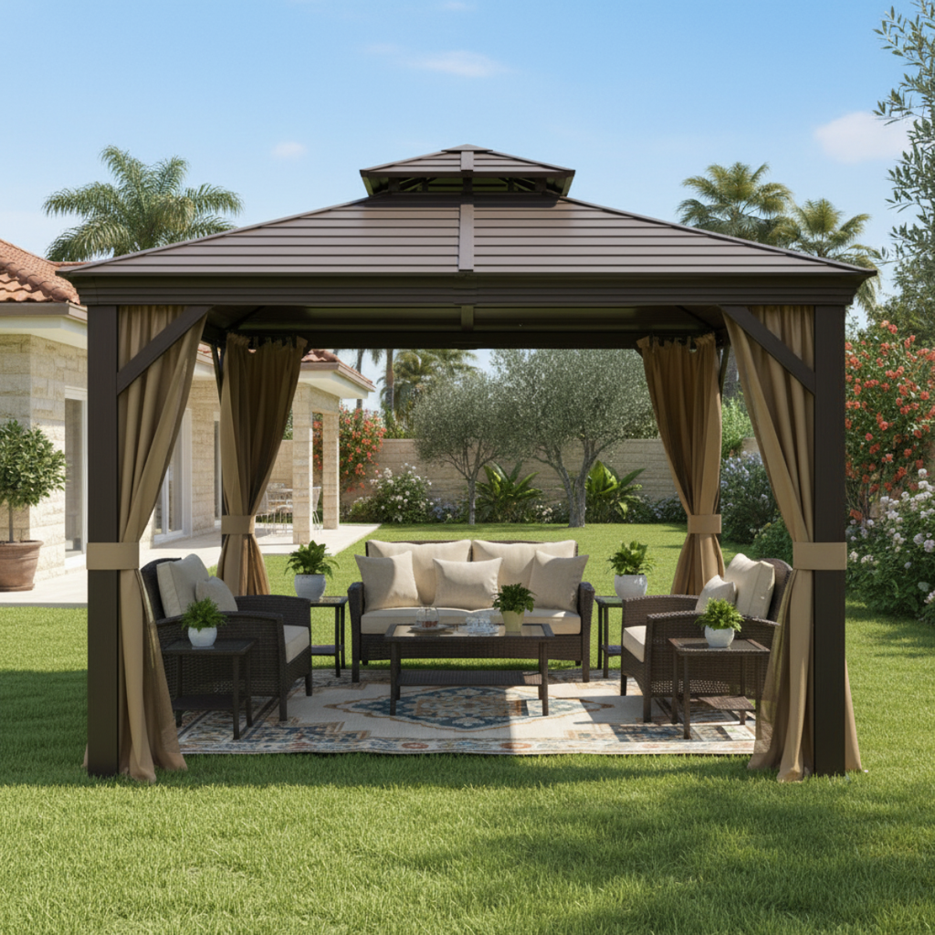 גזיבו פרגולה מפואר ומאסיבי מאלומיניום עם גג מגולוון 3*3