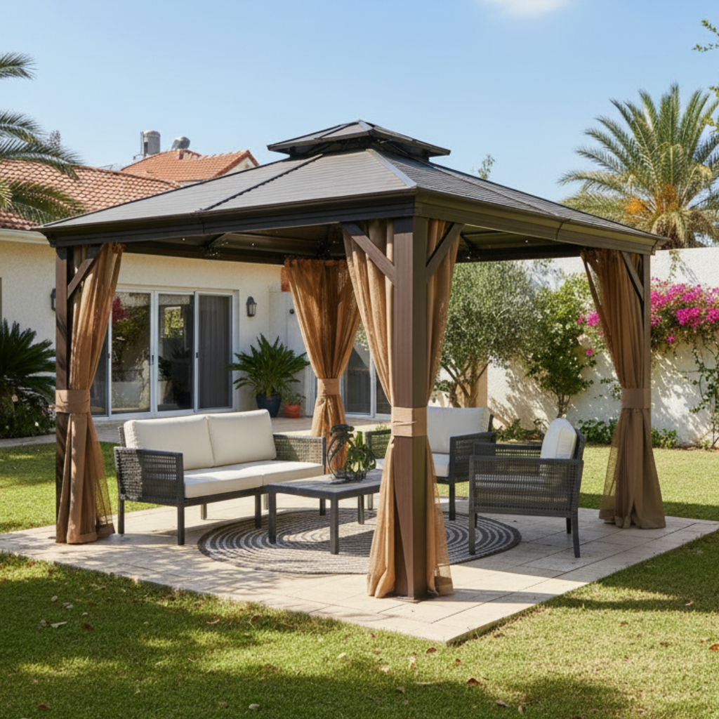 גזיבו פרגולה מפואר ומאסיבי מאלומיניום עם גג מגולוון 3*3