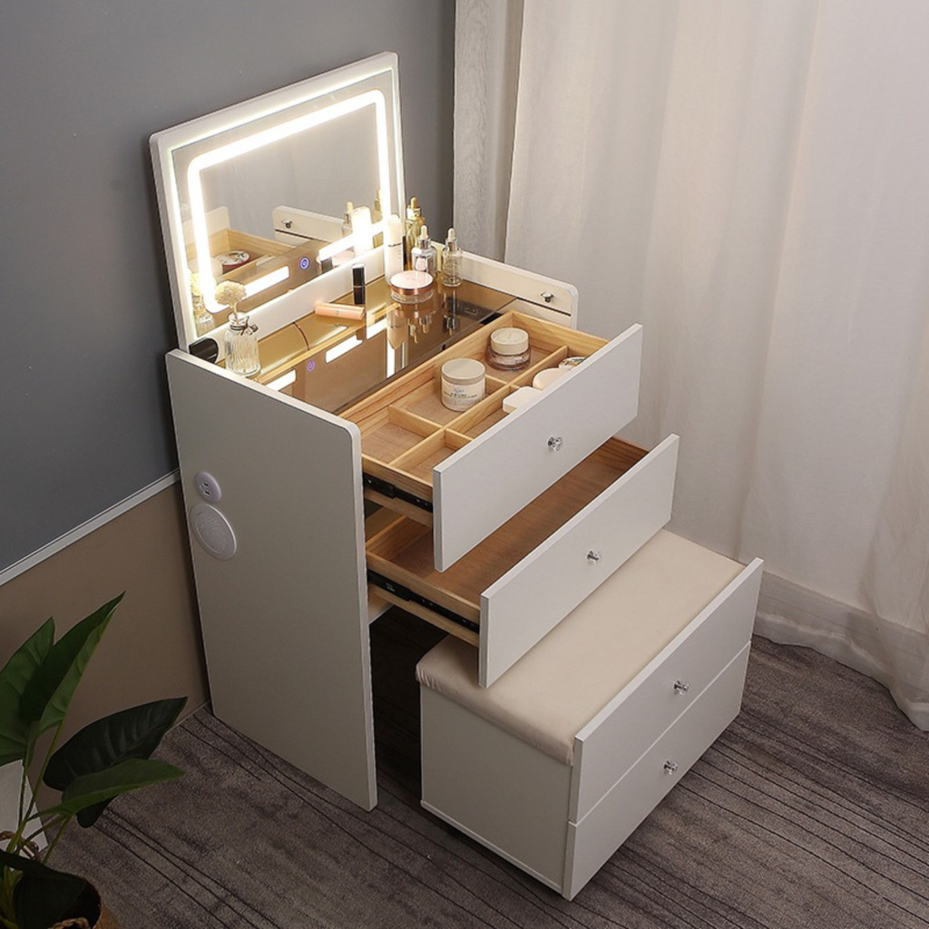 שידת איפור חכמה עם בלוטוס כולל מגירות , כסא נשלף ומראת לד דגם איטליה