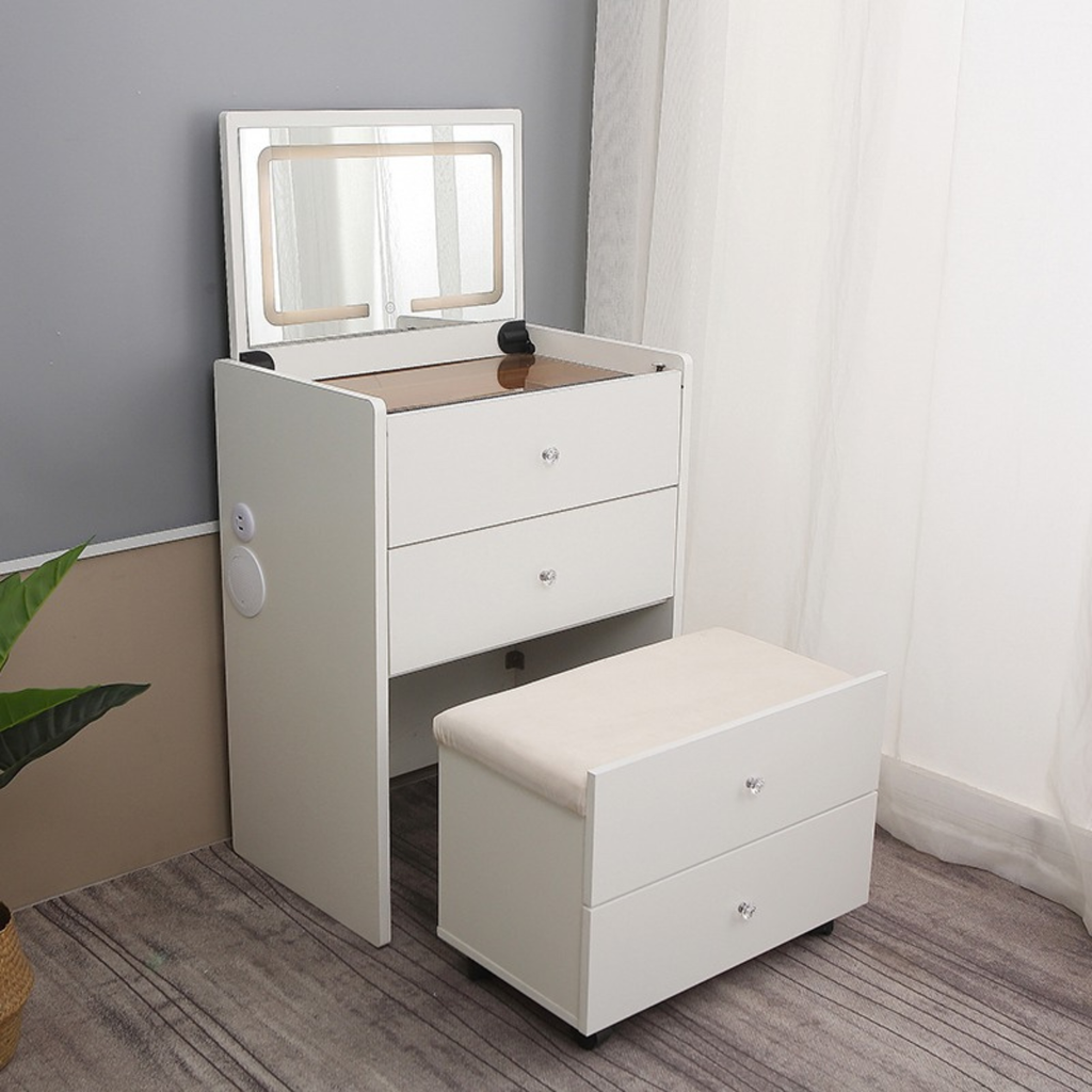 שידת איפור חכמה עם בלוטוס כולל מגירות , כסא נשלף ומראת לד דגם איטליה