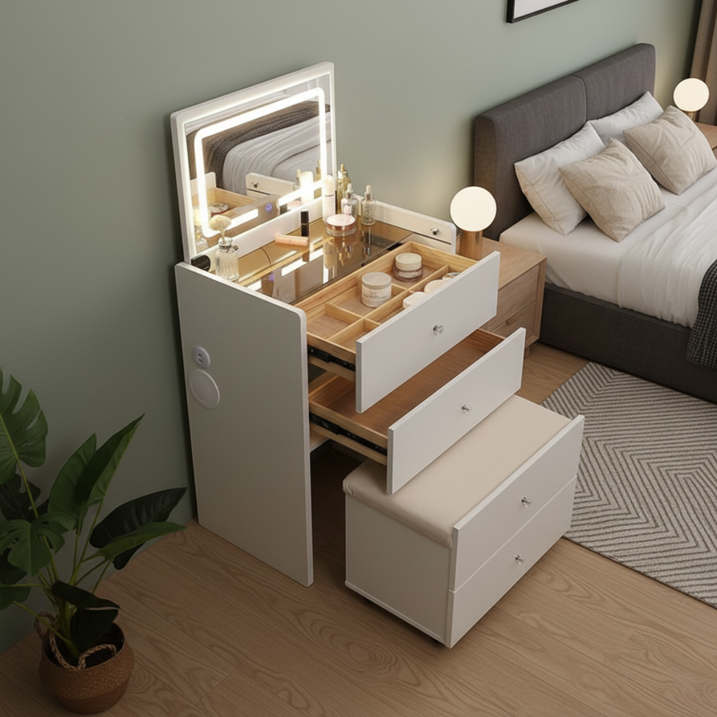 שידת איפור חכמה עם בלוטוס כולל מגירות , כסא נשלף ומראת לד דגם איטליה