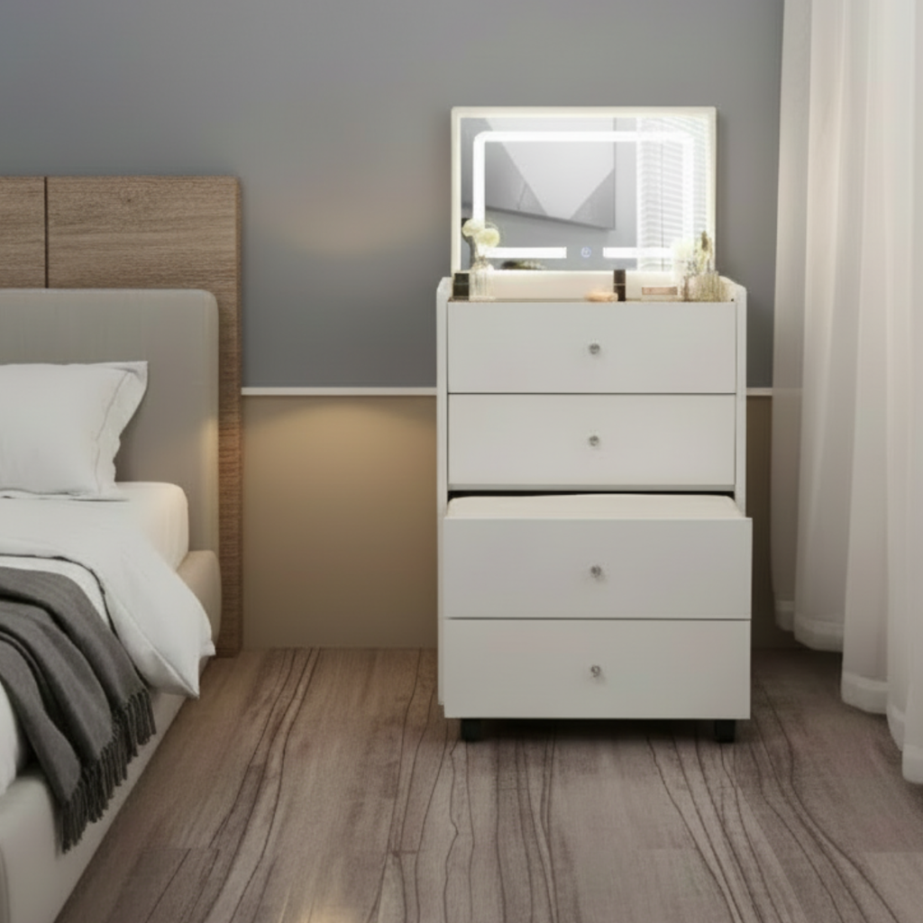 שידת איפור חכמה עם בלוטוס כולל מגירות , כסא נשלף ומראת לד דגם איטליה