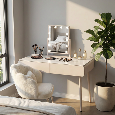 שידת איפור יוקרתית דגם פורטו כולל מראת הוליווד וכסא קטיפה דגם סקיי