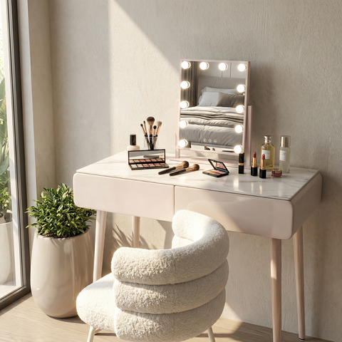 שידת איפור יוקרתית דגם פורטו כולל מראת הוליווד וכסא בוקלה דגם רודוס