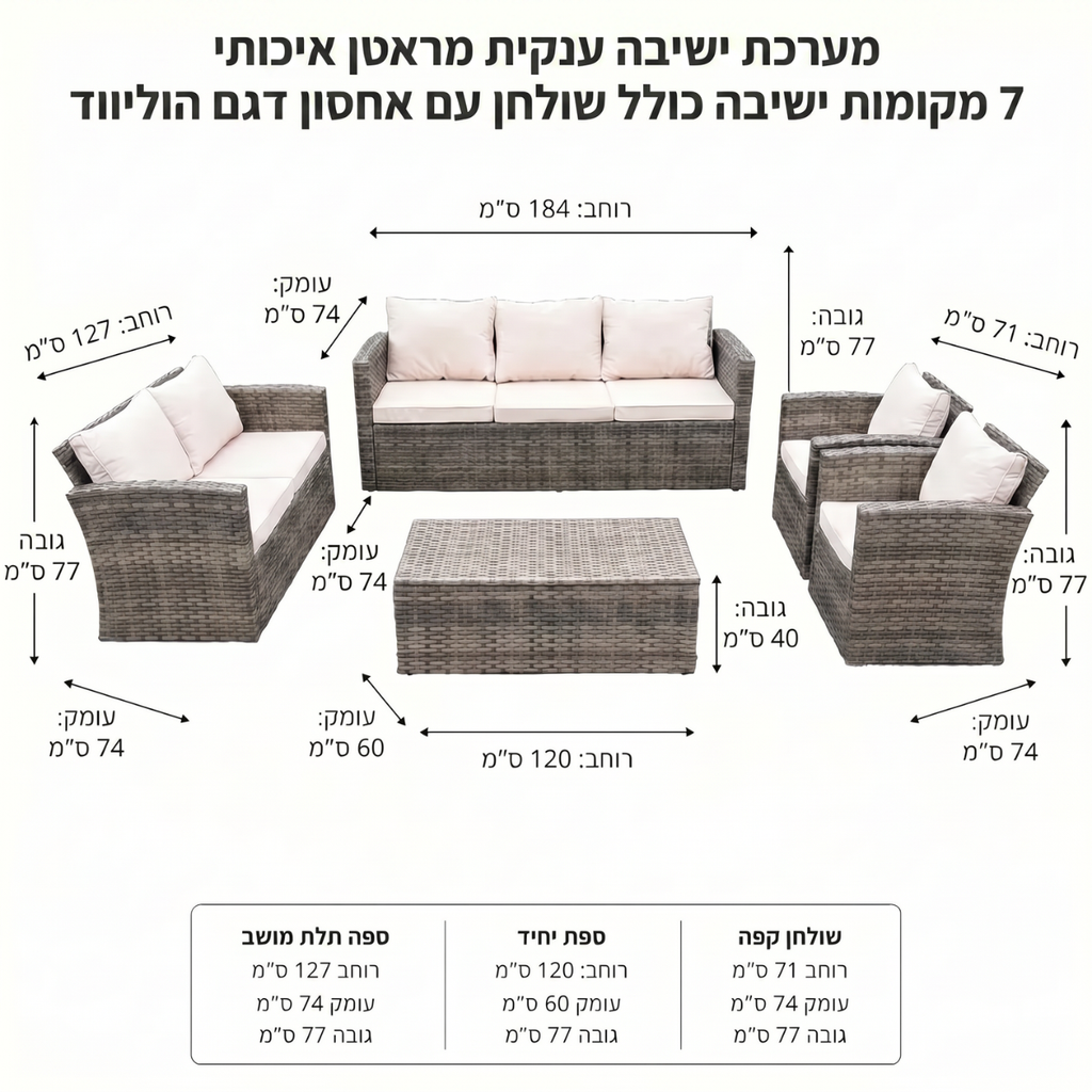 מערכת ישיבה ענקית מראטן איכותי 7 מקומות ישיבה כולל שולחן עם אחסון דגם הוליווד