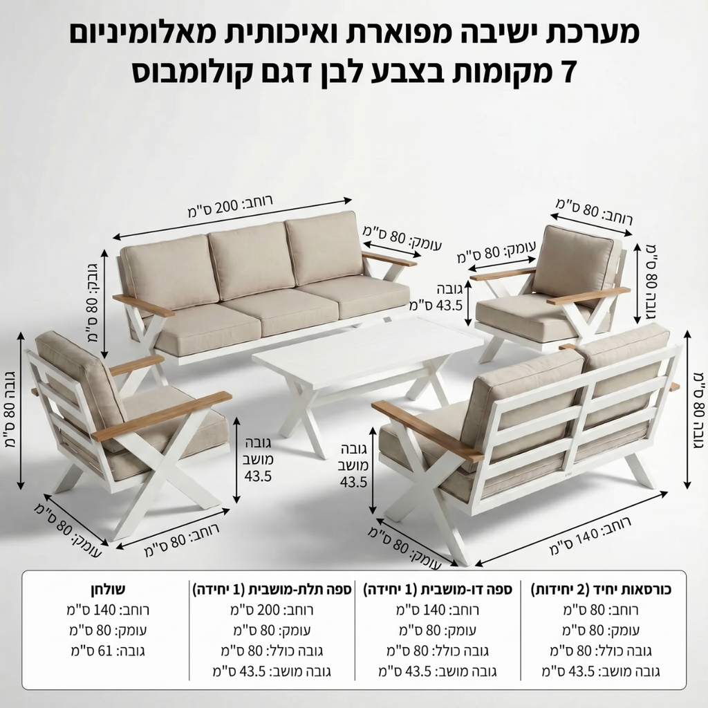 מערכת ישיבה מפוארת ואיכותית מאלומיניום 7 מקומות בצבע לבן דגם קולומבוס