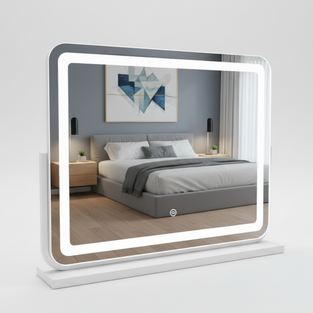 מראת לד מעוצבת עם תאורה לשידת איפור בצבע לבן 60*45