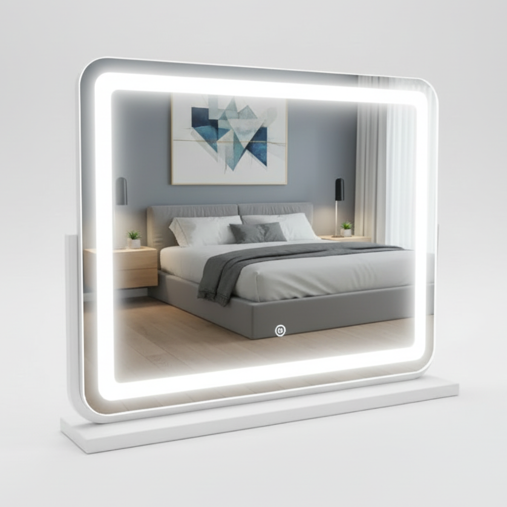 מראת לד מעוצבת עם תאורה לשידת איפור בצבע לבן 60*45