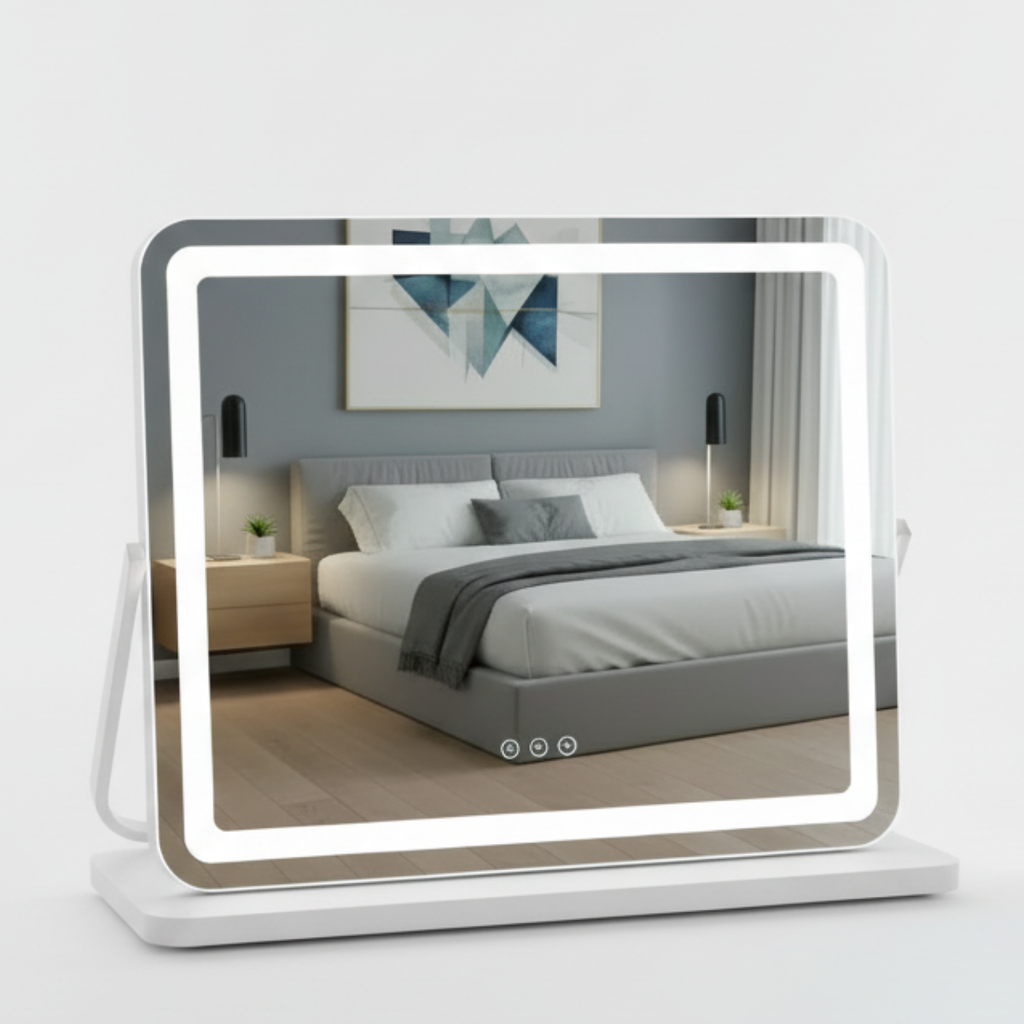 מראת לד מעוצבת עם תאורה לשידת איפור בצבע לבן 60*45