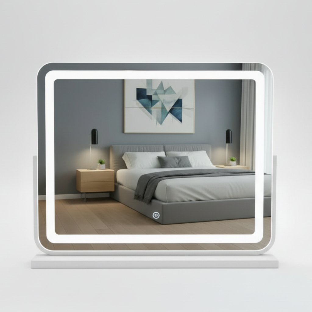 מראת לד מעוצבת עם תאורה לשידת איפור בצבע לבן 60*45