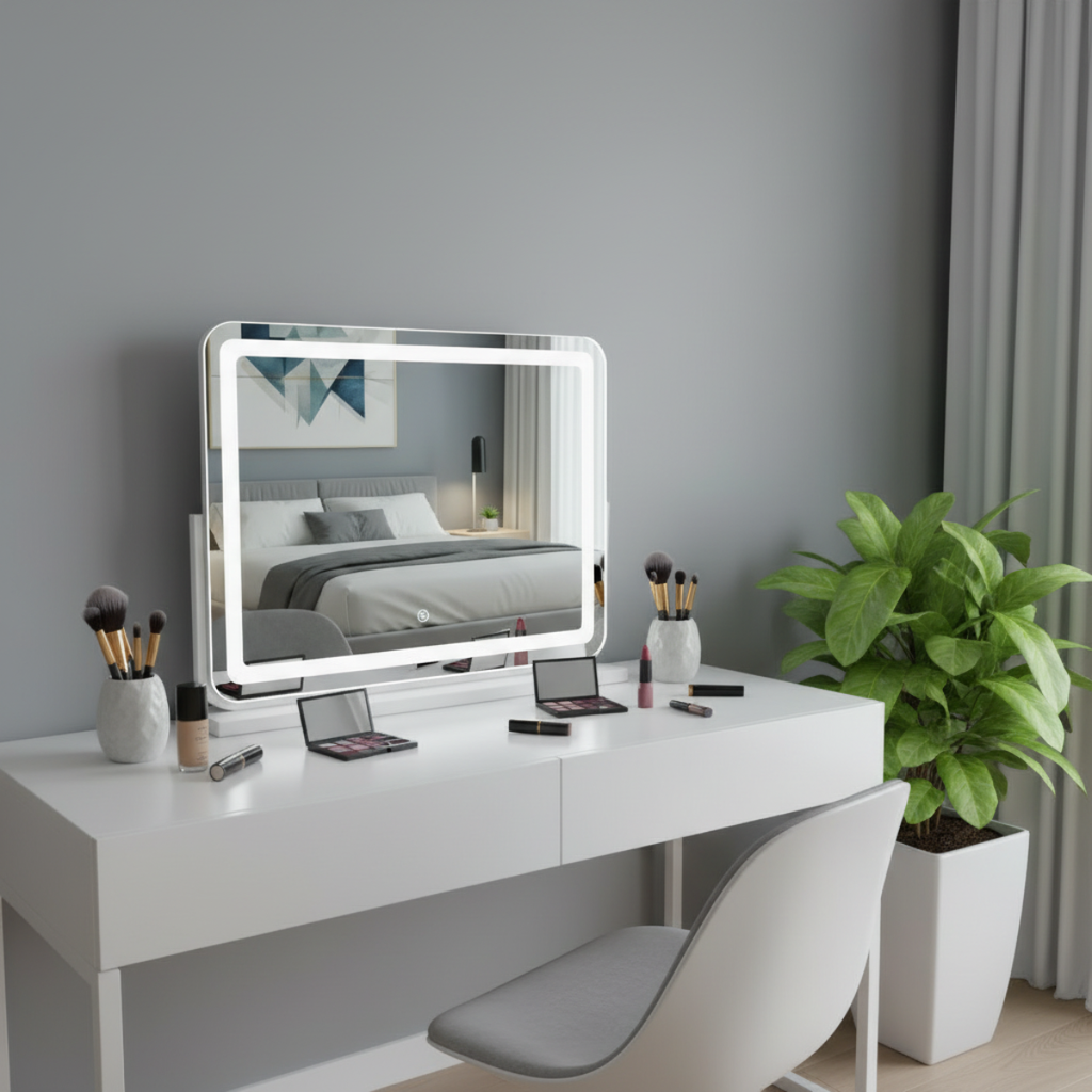 מראת לד מעוצבת עם תאורה לשידת איפור בצבע לבן 60*45