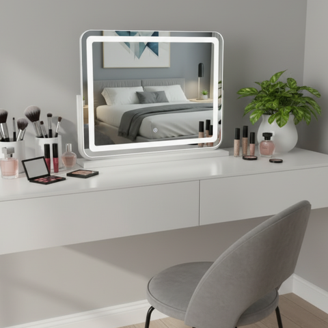 מראת לד מעוצבת עם תאורה לשידת איפור בצבע לבן 60*45